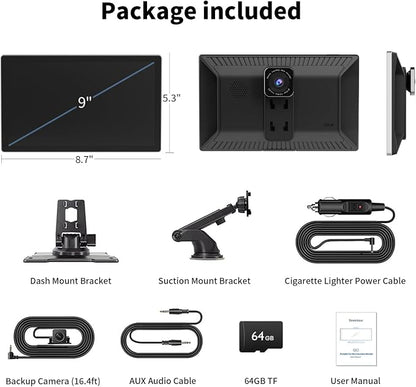 Portable Apple Carplay Screen for Car, 9" Wireless Apple Carplay & Android Auto,4K Dash Cam,1080p Backup Camera DVR,Car Audio Receivers GPS Navigation Mirror Link, Bluetooth,FM, Siri