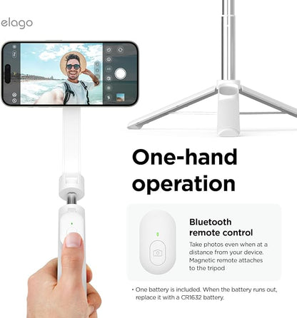 elago Magnetic Selfie Stick Tripod Compatible with MagSafe for iPhone and Galaxy, Strong Magnetism, Portable, Lightweight, Extendable [Pouch, Bluetooth Remote, Guide Sticker Included] [White]