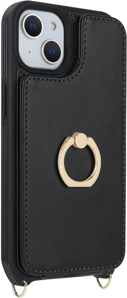 Lipvina for iPhone 14 Plus Case with Card Holder and Strap for Women,Crossbody Lanyard,RFID Blocking,Stand Ring Kickstand,Snap Clasp,Phone Wallet Cases 6.7 inch(Black)