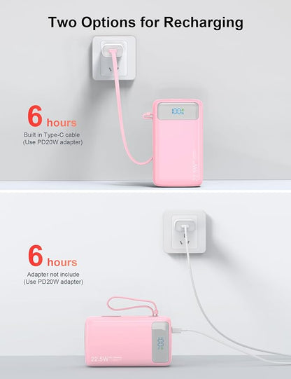 Portable Charger, 27000mAh 22.5W Fast Charging Power Bank with Built-in Cable, USB C Battery Pack with LED Display & Flash Light, Travel Essential External Battery Charger Bank for iPhone Samsung Pink
