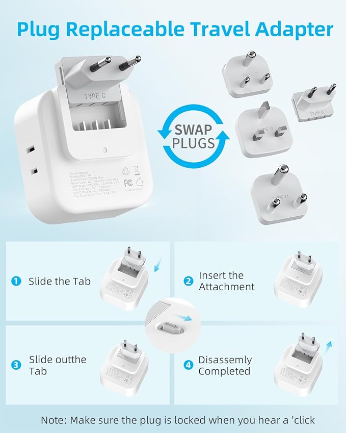 European Travel Plug Adapter Set, 8-in-1 Travel Adapter with 4 Outlets | Universal Travel Adapter, Type C/G/D/M Detachable Plugs, 4 USB Ports (2 USB C), US to UK/EU/South Africa