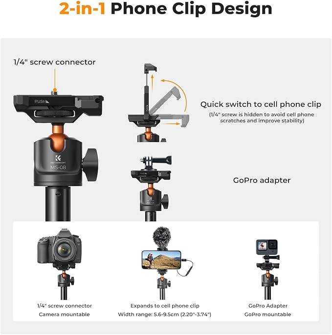 K&F CONCEPT 62'' Phone Selfie Stick Tripod, 2-in-1 Extendable Cell Phone Tripod Stand with Remote, 360° Ball Head Camera Tripod Compatible with DJI Osmo Pocket3 Action 6/5Pro GoPro 13/12 iPhone.