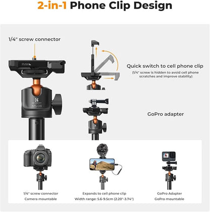 K&F CONCEPT 62'' Phone Selfie Stick Tripod, 2-in-1 Extendable Cell Phone Tripod Stand with Remote, 360° Ball Head Camera Tripod Compatible with DJI Osmo Pocket3 Action 6/5Pro GoPro 13/12 iPhone.