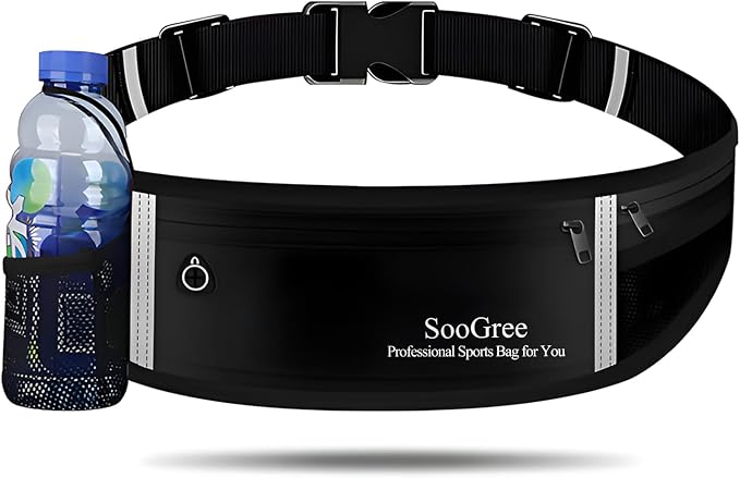 SooGree Men Women Running Belt Fanny Pack,Reflective Workout Sport Waist Pack Bag,Running Phone Holder Belt with Water Bottle Holder, Ideal for Running,Walking,Cycling,Gym Workouts (GSP8803-Black)
