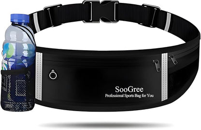 SooGree Men Women Running Belt Fanny Pack,Reflective Workout Sport Waist Pack Bag,Running Phone Holder Belt with Water Bottle Holder, Ideal for Running,Walking,Cycling,Gym Workouts (GSP8803-Black)