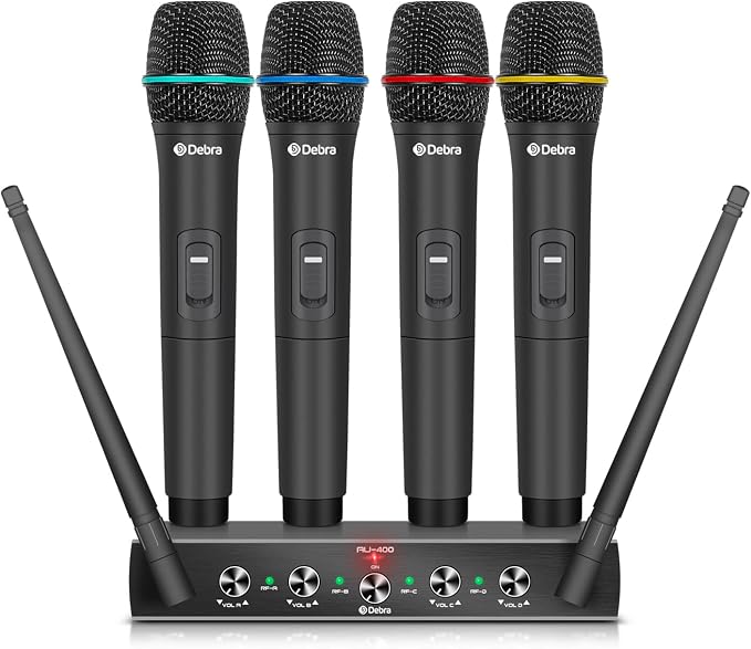 Debra Audio Pro UHF 4 Channel Wireless Microphone System with Cordless Handheld Lavalier Headset Mics, Metal Receiver, Ideal for Karaoke Church Party(with 4 Handheld (B))