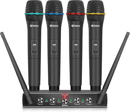 Debra Audio Pro UHF 4 Channel Wireless Microphone System with Cordless Handheld Lavalier Headset Mics, Metal Receiver, Ideal for Karaoke Church Party(with 4 Handheld (B))
