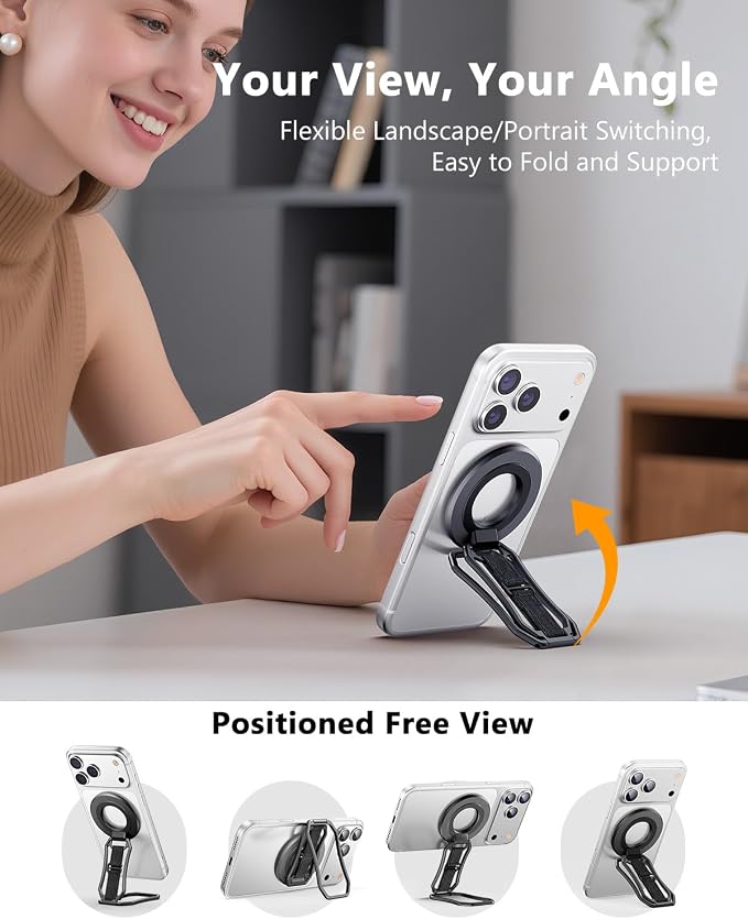 Oerwin for Magsafe Phone Grip Stand, 6-in-1 Magnetic Phone Holder for Magsafe Kickstand, 360° Rotation Phone Ring Holder with Elastic Strap, Compatible with iPhone 17/16/15/14/13/12 Series & Android