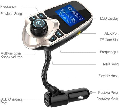 Nulaxy Bluetooth Car FM Transmitter Audio Adapter Receiver Wireless Handsfree Voltmeter Car Kit TF Card AUX 1.44 Display - KM18 Golden