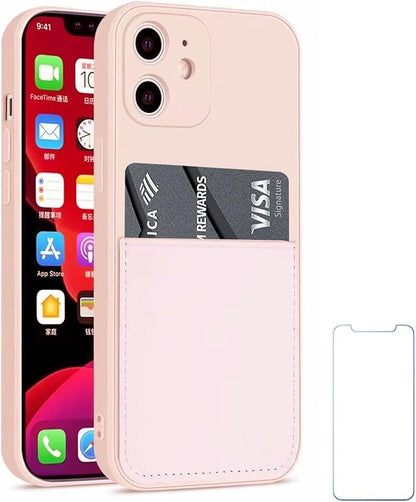 Ultra Slim Liquid Silicon Gel Case Compatible for iPhone 12 mini 5.4 inch 2020 with Card Holder Sleeves Slot Anti-Scratch Shockproof Wallet Cover with Screen Protector (Pink)