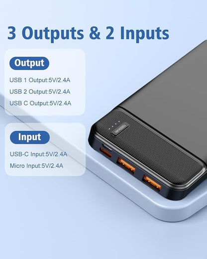 Power Bank Portable Charger 10000mAh, Battery Pack Ultra Slim with USB-C Input/Output, Compatible for Smartphones & Tablets, Gifts for Men Women. (Black)