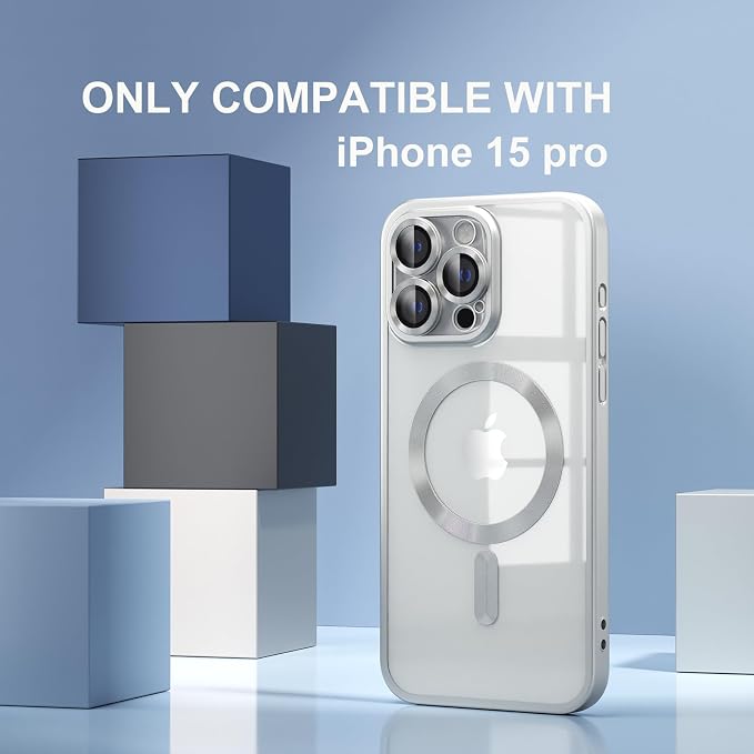 Misea Magnetic for iPhone 15 Pro Case [Never Yellowing] [Military Grade Drop Protection] Full Camera Lens Protector Soft Clear Phone Case for Women Girls, Titanium Silver