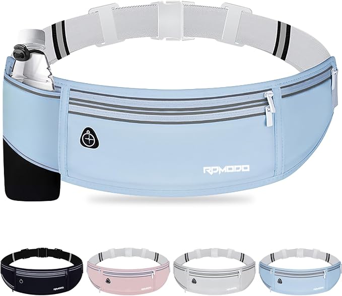 Water Resistant Fanny Pack for Men Women, Running Belt Waist Pack with Bottle Holder, Lightweight Phone Holder for Running Jogging Workout, Adjustable Money Belt for iPhone 16 17 Samsung（Blue）