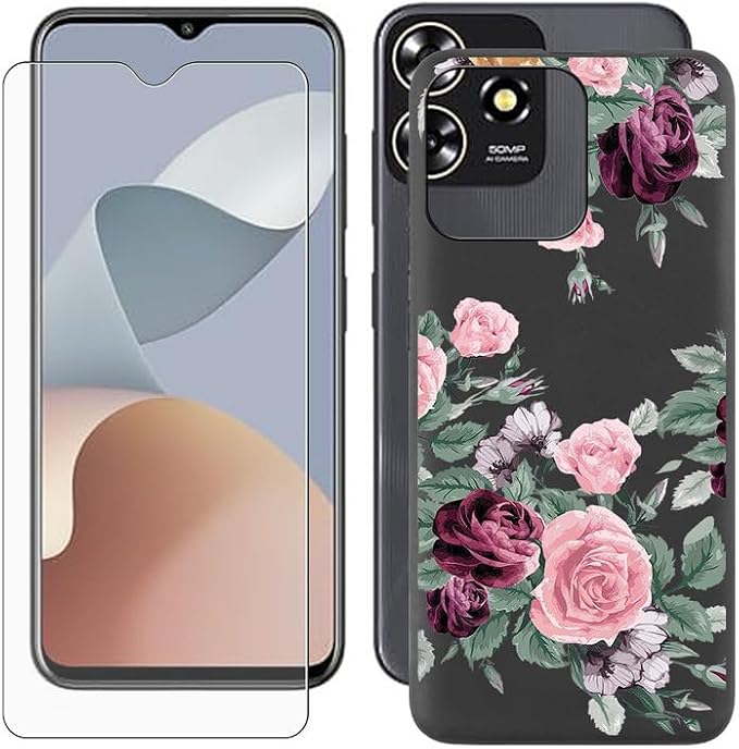 Cover for ZTE Blade A73 (6.52 inch) Case + Screen Protector，Tempered Glass 9H Hardness Protective Film and Soft Silicone Bumper Shell Black TPU Phone case -Pink. red Rose