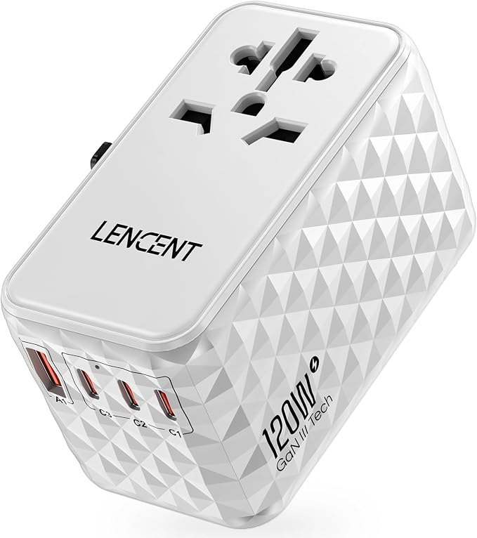 LENCENT 120W International Travel Adapter, Universal Travel Adapter | with 1 USB-A & 3 Type C Power Adaptor, Fast Charging for Phone,Laptops, All-in-One Outlet Adaptor for USA/UK/EU/AUS, White