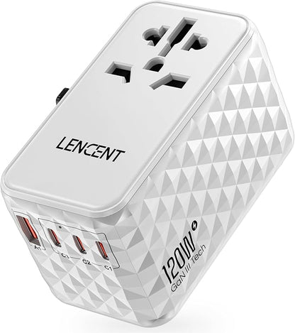 LENCENT 120W International Travel Adapter, Universal Travel Adapter | with 1 USB-A & 3 Type C Power Adaptor, Fast Charging for Phone,Laptops, All-in-One Outlet Adaptor for USA/UK/EU/AUS, White