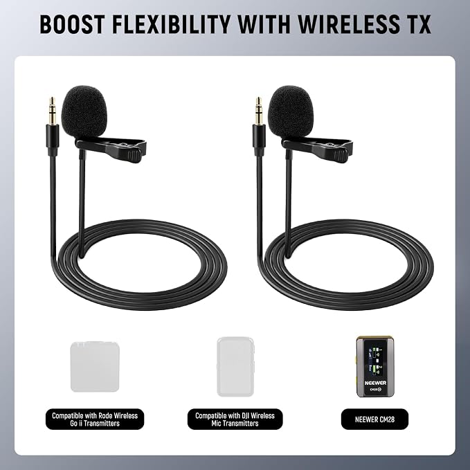 Neewer Lavalier Lapel Microphone (2 Pack), Omnidirectional Condenser Wired Clip On Lav Mic for Stage YouTube Live Streaming Compatible with Rode Wireless GO II 2 DJI Wireless Mic Transmitter, CM5