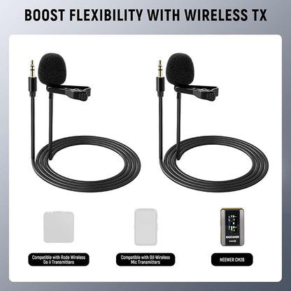Neewer Lavalier Lapel Microphone (2 Pack), Omnidirectional Condenser Wired Clip On Lav Mic for Stage YouTube Live Streaming Compatible with Rode Wireless GO II 2 DJI Wireless Mic Transmitter, CM5