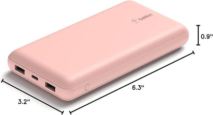 Belkin Portable Charger, USB C Power Bank 20000 mAh w/ 1xUSB-C Port & 2xUSB-A Ports, 15W w/ Type-A to Type-C Cable - iPhone 17, Air, Pro, Pro Max, Samsung Galaxy S25, Google Pixel 10, etc. - Rose Gold