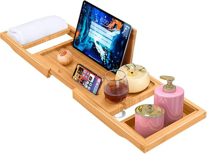 ADOV Bathtub Tray, Foldable Bamboo Bathtub Caddy, Adjustable Bath Tray for Tub with Book Rest, Phone, Tablet, Candle, Towel, Glass Holder, Extendable Wooden Bath-Shelf Fits Most Bathtubs Sizes