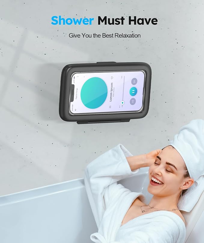 Waterproof, Upgraded IPx7 Wall Mount, 480° Rotation, HD Touchscreen, Ideal for 4-7” Smartphones - Perfect Shower Accessories-Black