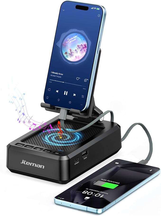 Jteman Cell Phone Stand Bluetooth Speaker with Built-in Cables,Foldable Adjustable Holder,All-in-One Audio Stand for iPhone Android,Birthday Gifts for Men Women