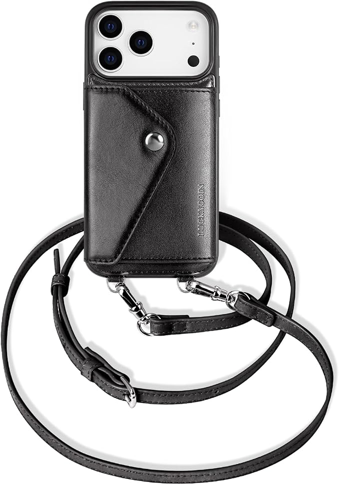LUCKYCOIN for iPhone 17 Pro Crossbody Wallet Case – Genuine Leather Phone Purse with Adjustable Strap and Card Holder,Lanyard Phone Purse Case for Women,Vintage Black