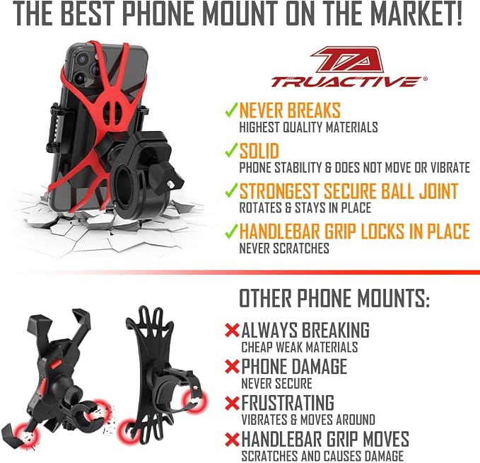 TruActive Premium Bike Phone Mount Holder | Universal Cell Phone Mount for 4"-7" Phones | Includes 6 Reusable Color Bands | Tool Free Handlebar Mount for Bicycle, Motorcycle, Electric Scooter, ATV