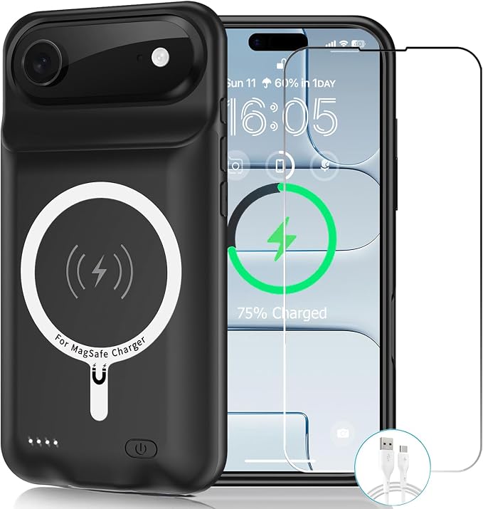 Wireless Charging Case for iPhone 17 Air, 12000mAh High Capacity Portable Rechargeable Battery Case Qi Wireless Charging Compatible with iPhone Air (6.5 inch) Extended Battery Charger Cover-Black