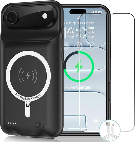 Wireless Charging Case for iPhone 17 Air, 12000mAh High Capacity Portable Rechargeable Battery Case Qi Wireless Charging Compatible with iPhone Air (6.5 inch) Extended Battery Charger Cover-Black