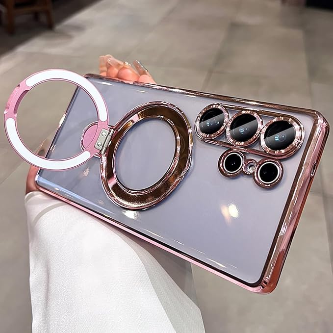 Magnetic for Samsung Galaxy S24 Ultra Case Stand & Ring Holder Compatible with MagSafe Built-in Camera Lens Protector Phone Case for Samsung S24 Ultra - Pink