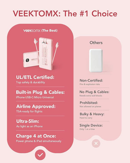 Portable Charger Power Bank Built in Cables and Wall Plug, 10000mAh iPhone Battery Pack Fast Charging, USB C External Slim Power Bank, Travel Essentials Compatible with iPhone 16 15 14 13 iPad, Pink