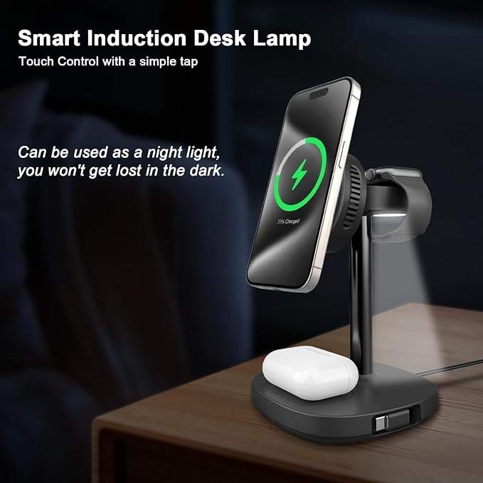 5 in 1 Qi2 Magnetic Wireless Charger Stand, 15W Fast Wireless Charging Station with Cooling Fan for iPhone 17/16/15/14/13/12, AirPods, Apple Watch - 65W Adapter & Retractable USB-C Cable Included
