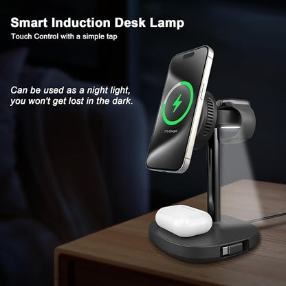 5 in 1 Qi2 Magnetic Wireless Charger Stand, 15W Fast Wireless Charging Station with Cooling Fan for iPhone 17/16/15/14/13/12, AirPods, Apple Watch - 65W Adapter & Retractable USB-C Cable Included