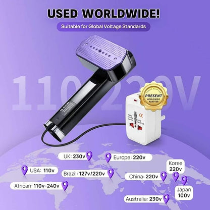 Doer Brands Travel Steamer for Clothes Dual Voltage 110-240V, Handheld Steamer, 1100W Powerful Wrinkle Remover, Ceramic Panel, 3 Steam Levels & 360° Rotating Head,Travel Kit with Universal Adapter