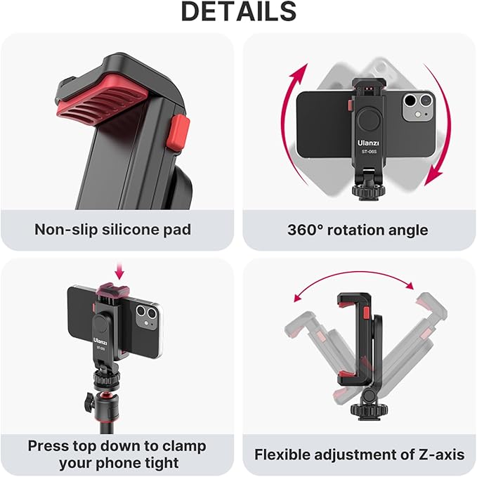 ULANZI ST-06S Phone Tripod Mount, Universal Smartphone Mount Adapter with 2 Cold Shoe, 360° Rotates Adjustable Cell Phone Clip Clamp Holder, Compatible with iPhone 17/16/15, Samsung Galaxy Cell Phones