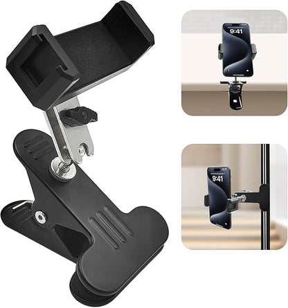 ROCKFREE Clip Phone Holder for Desk,Table,Desktop Baffle,Flat Surface, Pipe,Pole,Music Stand,with Strong Clamp 360°Adjustable Metal Arm Cell Phone Mount, Compatible with All 4-7” Smartphone