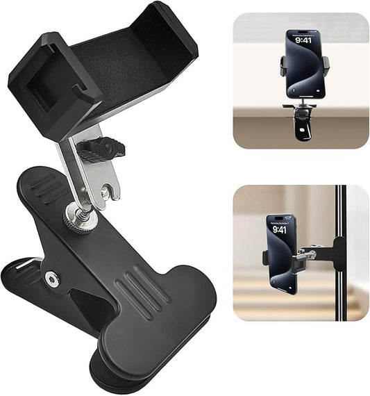 ROCKFREE Clip Phone Holder for Desk,Table,Desktop Baffle,Flat Surface, Pipe,Pole,Music Stand,with Strong Clamp 360°Adjustable Metal Arm Cell Phone Mount, Compatible with All 4-7” Smartphone