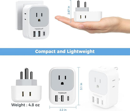 TESSAN India Plug Adapter 2 Pack, Type D Travel Adapter with 4 Outlets 3 USB Charger (1 USB C Port), US to Indian Outlet Adaptor for USA to Bangladesh, India, Kuwait, Maldives