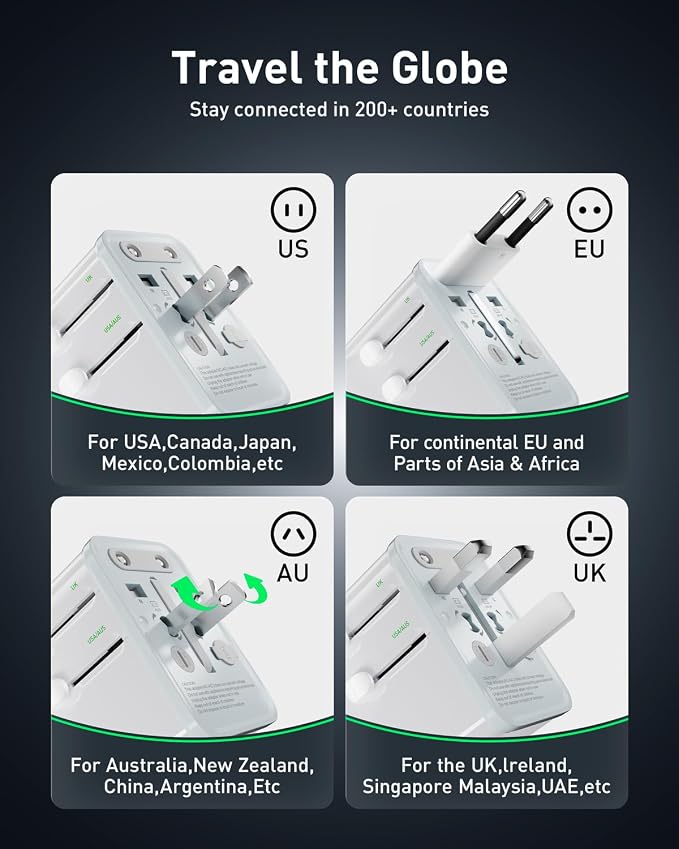 Travel Adapter, 30W GaN Fast Charging European Plug Adapter Worldwide Universal Charger with 4 Ports 1 AC, 1 USB-A, and 2 USB-C Ports Plug Adapter for USA European UK AUS Japan, White