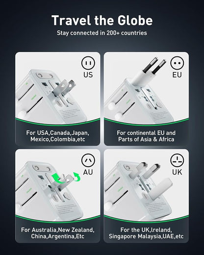 Travel Adapter, 30W GaN Fast Charging European Plug Adapter Worldwide Universal Charger with 4 Ports 1 AC, 1 USB-A, and 2 USB-C Ports Plug Adapter for USA European UK AUS Japan, White