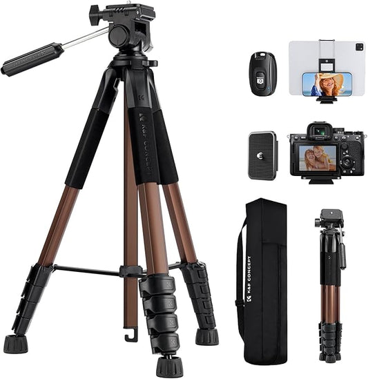 K&F CONCEPT Camera Tripod, 75" Lightweight Portable Travel Outdoor DSLR Tripods for Camera Phone Video Recording Tripod Stand, Cellphone Clip for Smartphone Live Streaming Vlog (Bronze Gold, 75'')