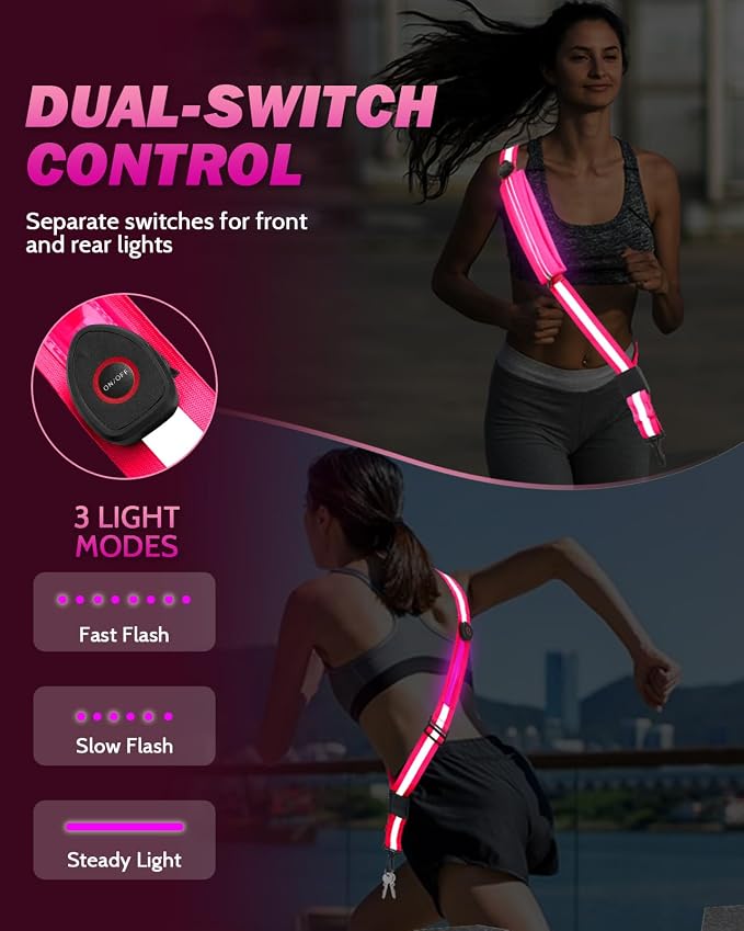 Fitense LED Reflective Belt Sash - 5 Lights Colors & 3 Light Modes High Visibility Night Safety Belt, Rechargeable Light Up Running Gear Adjustable Vest Straps for Runners Walkers Men Women