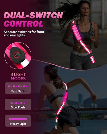 Fitense LED Reflective Belt Sash - 5 Lights Colors & 3 Light Modes High Visibility Night Safety Belt, Rechargeable Light Up Running Gear Adjustable Vest Straps for Runners Walkers Men Women