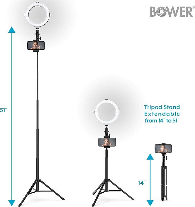 Bower 8" Selfie Ring Light Studio with Adjustable Tripod and Phone Holder – Professional Photo and Video Lighting Kit for Vlogging, Streaming, and Social Media Content Creation