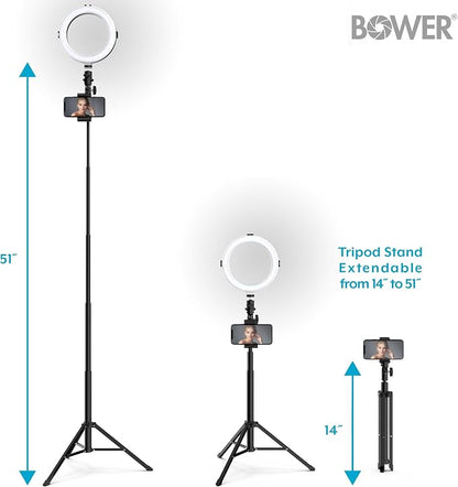 Bower 8" Selfie Ring Light Studio with Adjustable Tripod and Phone Holder – Professional Photo and Video Lighting Kit for Vlogging, Streaming, and Social Media Content Creation