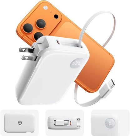 HOU 3 in 1 Portable Power Bank 10000mAh, 35W PD Fast Charging, Retractable USB-C Cable, Foldable Wall Plug, Dual Device Charging, FCC&UL Certified, Compatible with iPhone 17 Pro Max, Samsung, iPad