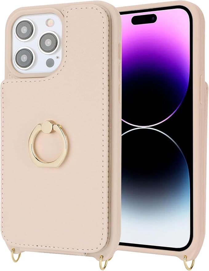 Lipvina for iPhone 14 Pro Max Case with Card Holder for Women,Phone Case with Strap,Crossbody Lanyard,RFID Blocking,Ring Stand,Snap Clasp,Cute Wallet Cases 6.7 inch (Beige)