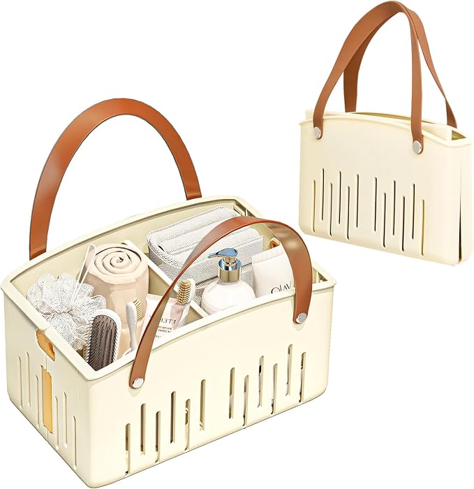 Portable Shower Caddy,Foldable Shower Caddy with Handle and Adjustable Divider,Plastic Shower Storage Basket,Quick Dry Bathroom Shower Organizer Bin for College,Dorm Room,Travel Essentials(Cream)