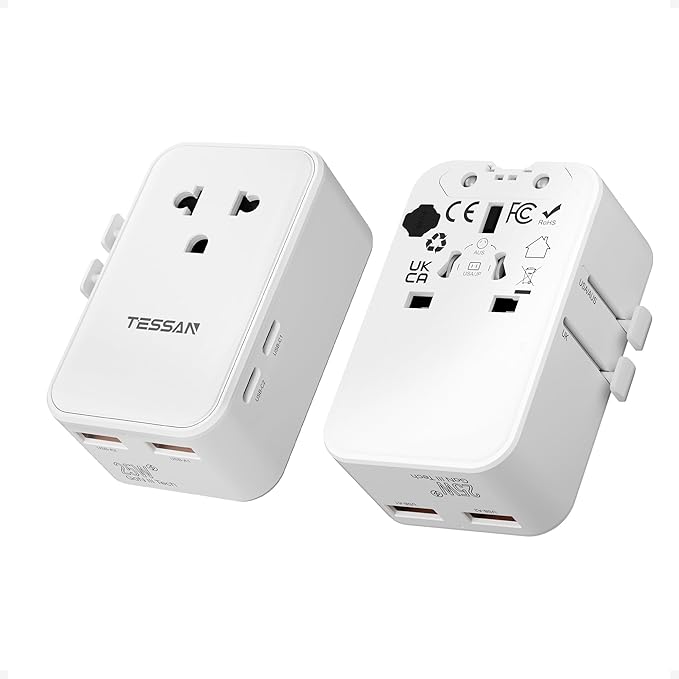 TESSAN Universal Travel Adapter PD 25W, White | International Power Adapter, Ultra Thin, 2 USB A 2 USB C, US to European UK Australia Ireland, Type C G A I